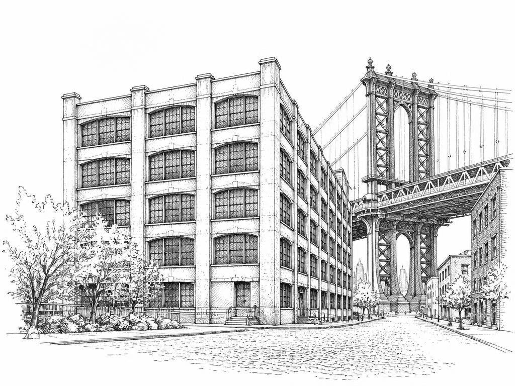 Ink sketch of a DUMBO concrete daylight factory