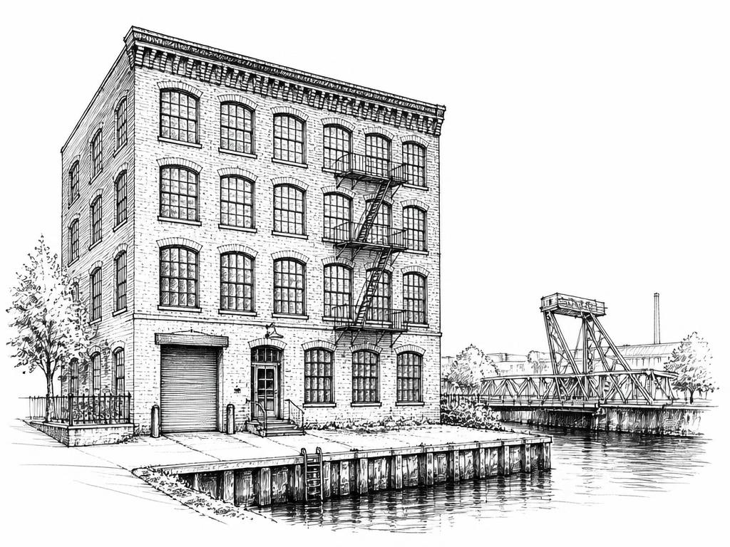 Ink sketch of a Gowanus canal-side loft building