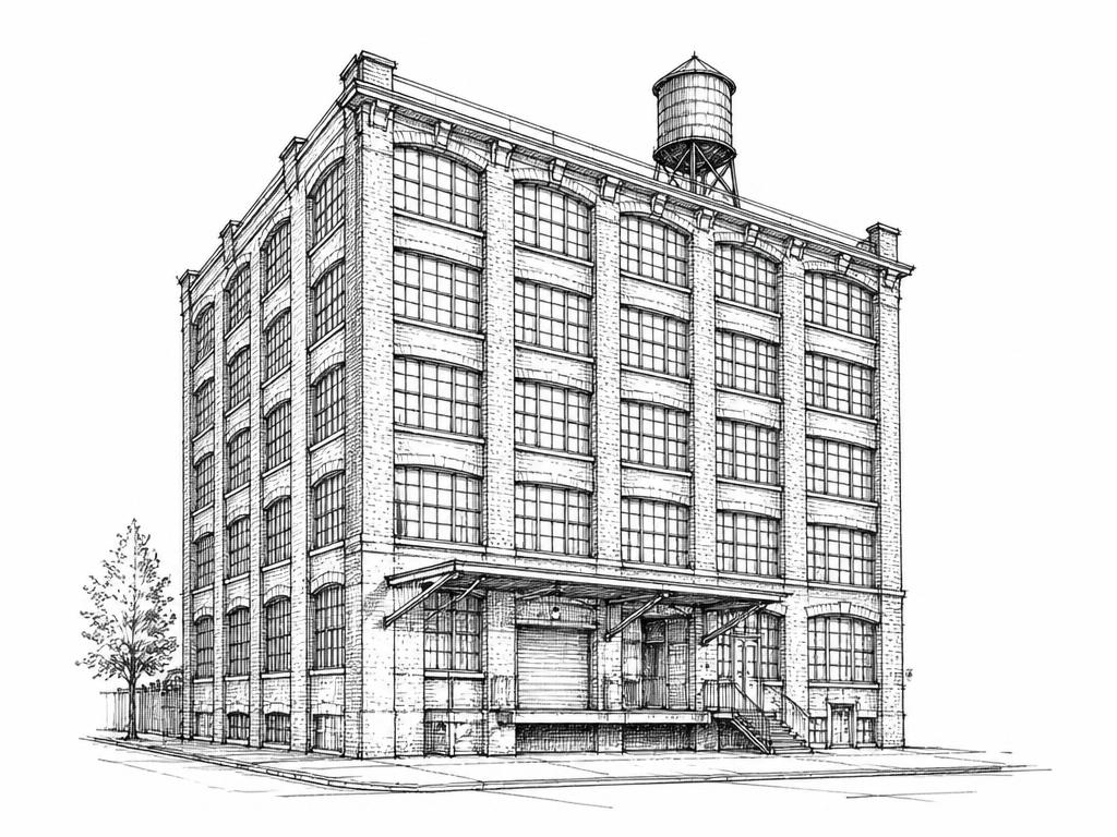 Ink sketch of a Williamsburg daylight factory loft building